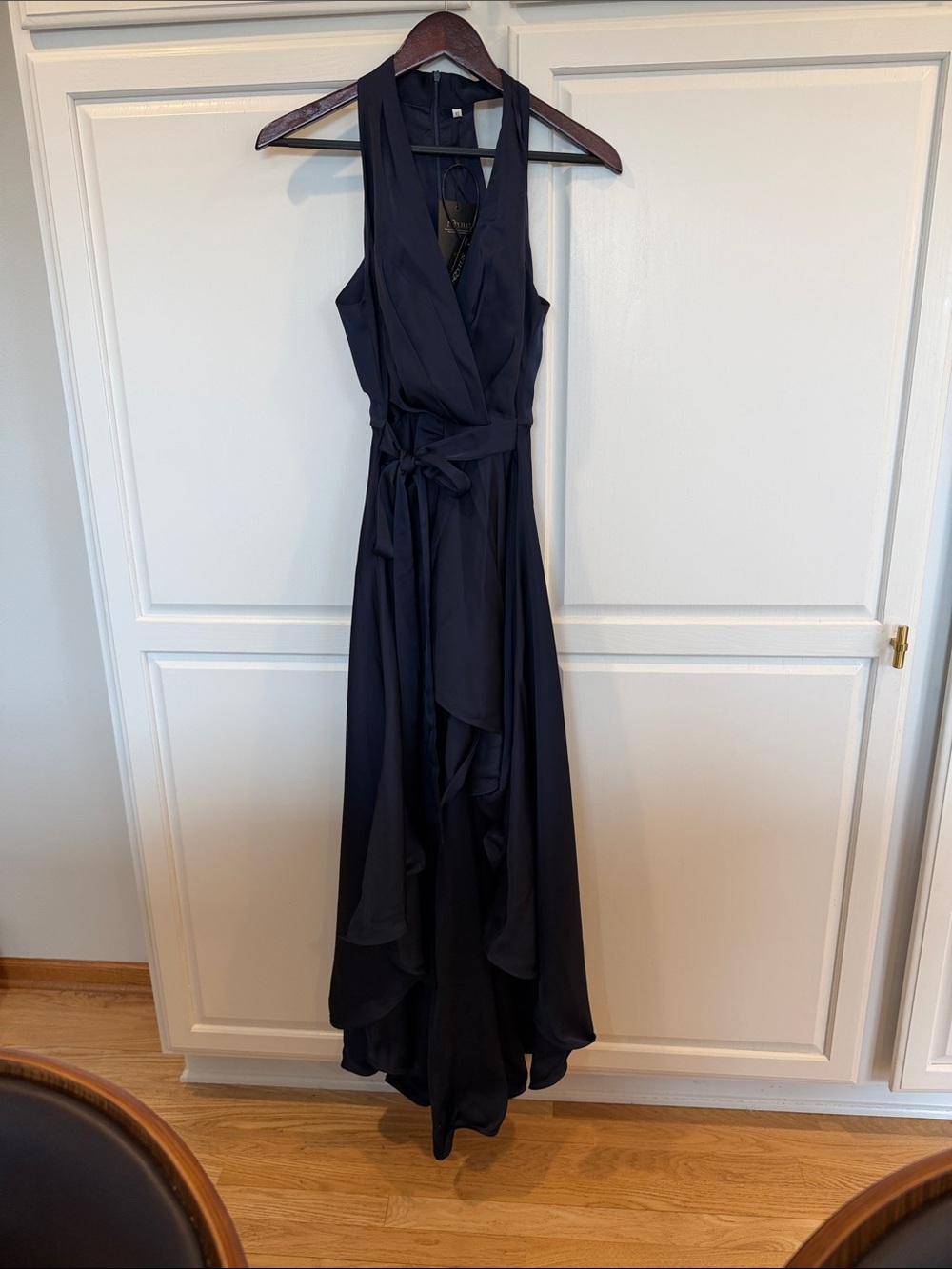 Halter Navy Blue Wrap high/low Dress with Waist Tie and Ruffled Skirt
